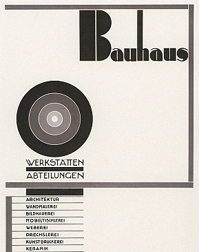 Plakat mit großer Schrift "Bauhaus" und einer Lister der verschiedenen Werkstätten